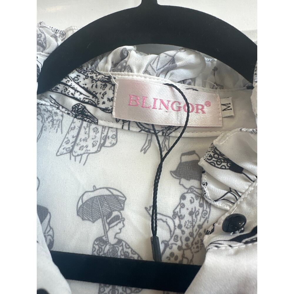 Blingdor White Chiffon Button up Ruffle Blouse with Outlined Women Novelty Print - Picture 7 of 10
